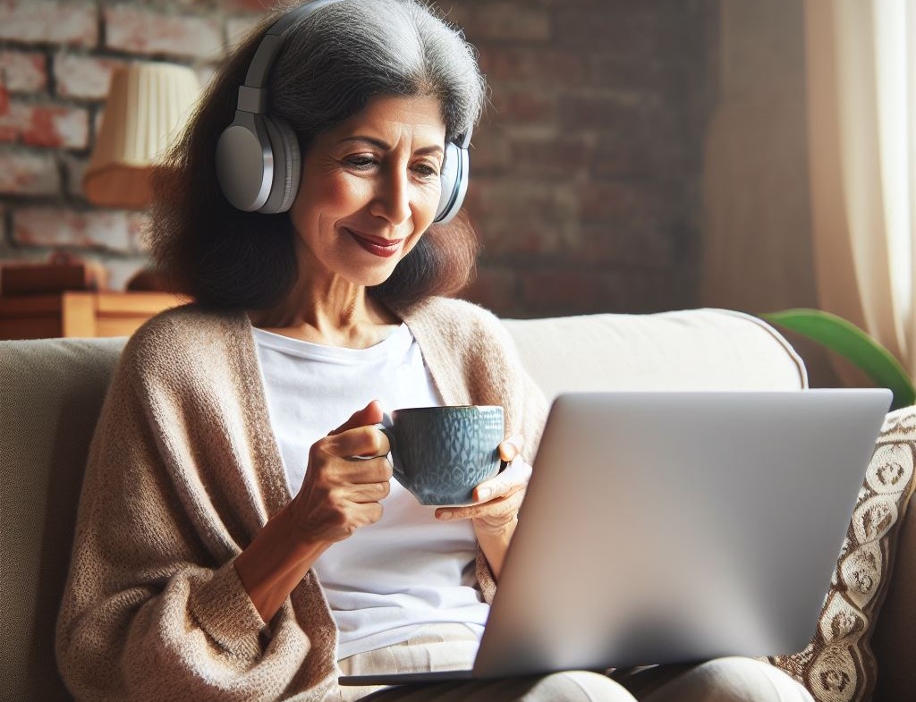Client in online session at kitchen table